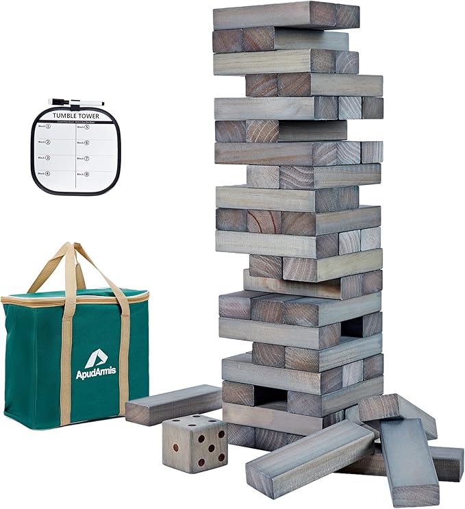 ApudArmis Giant Tumble Tower (Stack from 2Ft to Over 4.2Ft), 54 PCS Pine Wooden Stacking Timber Game with 1 Dice Set - Classic Block Giant Outdoor Game for Teens Adults Family (Gray)