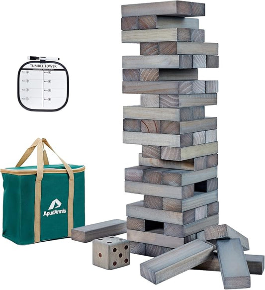 ApudArmis Giant Tumble Tower (Stack from 2Ft to Over 4.2Ft), 54 PCS Pine Wooden Stacking Timber Game with 1 Dice Set - Classic Block Giant Outdoor Game for Teens Adults Family (Gray)