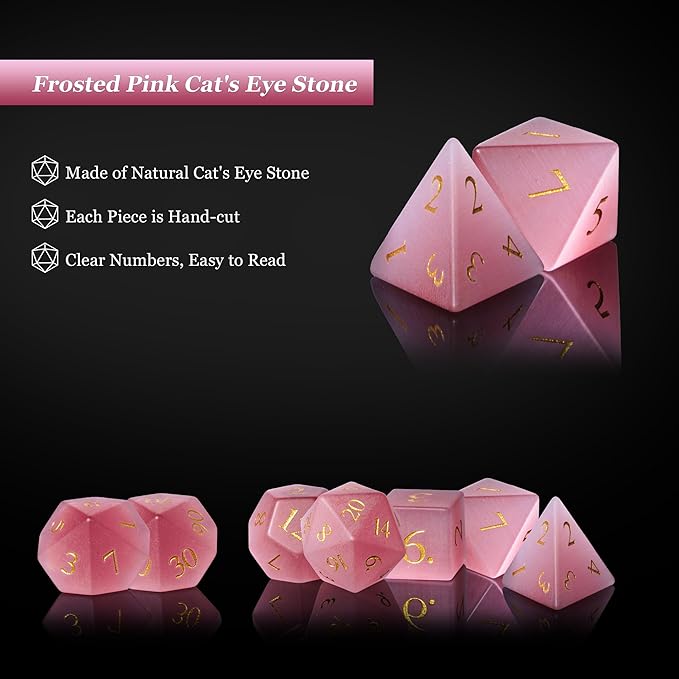 UDIXI Natural Gemstone Dice Set, 7PCS Crystal DND Dice for Dungeons and Dragons, Handmade Stone Dice for Table Games(Pink Cat's Eye)