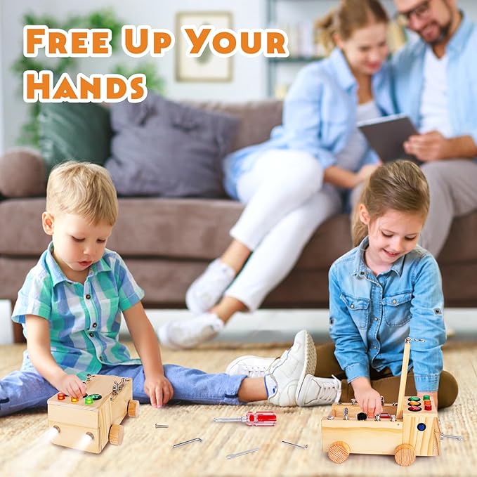 Busy Board,Montessori Screwdriver Board Set for 2-6 Years Old,Montessori Busy Board with LED Light,Wooden Sensory Toys for Boys & Girls,Christmas & Birthday Gift