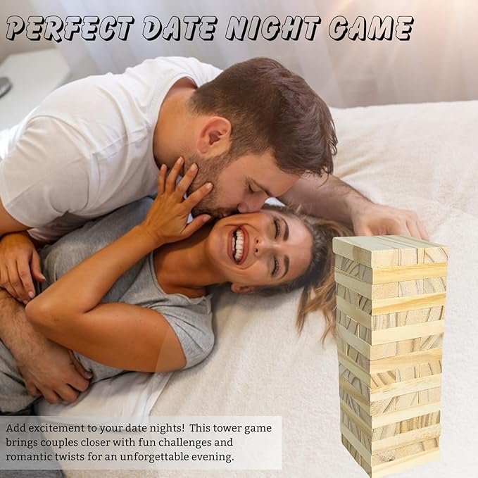 Lust Tower, Tumble Blocks Game for Adults, Valentine 48Pcs Couples Date Night Wood Stacking Game Blocks for Girlfriend, Boyfriend, Newlywed, Wife or Husband