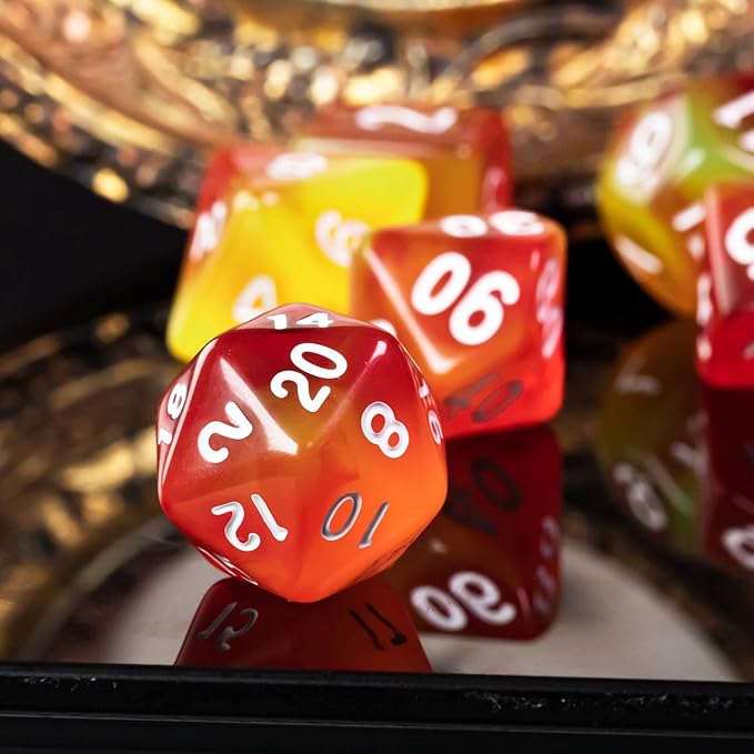 7-Die DND Dice Set Polyhedral Dice Set with a Leather Dice Bag, D&D Dice Set for Dungeons and Dragons, RPG, MTG Table Games (T/Red Yellow)