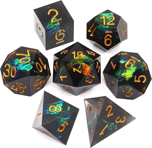 Haxtec DND Dice Set Black Sharp Edge Resin Dice with Dice Case Iridecent D&D Dice for RPG Dungeons and Dragons DND Gift-Black Galaxy