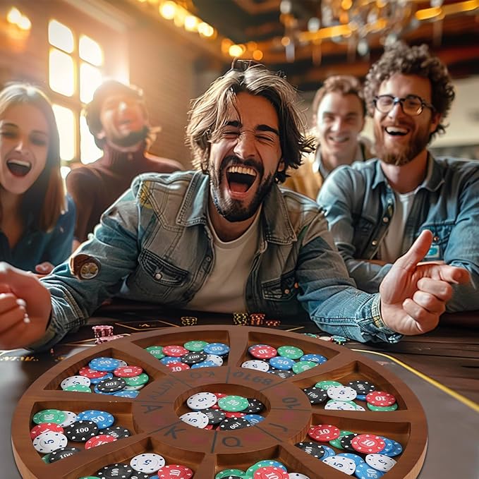 Michigan Rummy Game Luxury Set Royal Hearts Rummy Poker Wooden Tripley Board Game Bravado Game Classic Family Card Game 100 Chips 2 Playing Cards(Large Circular Shape, Walnut Color)
