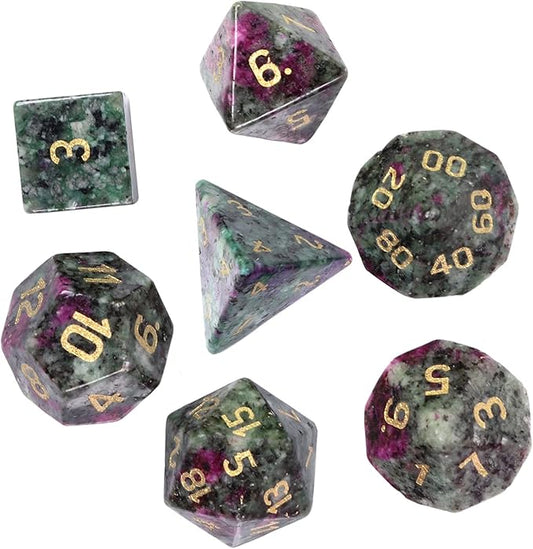 TUMBEELLUWA Engraved Crystal Stone Polyhedral Dice Set for RPG MTG Dungeons and Dragons Table Game 7 Pieces DND Board Game Dices with Pouch, Ruby in Fuchsite
