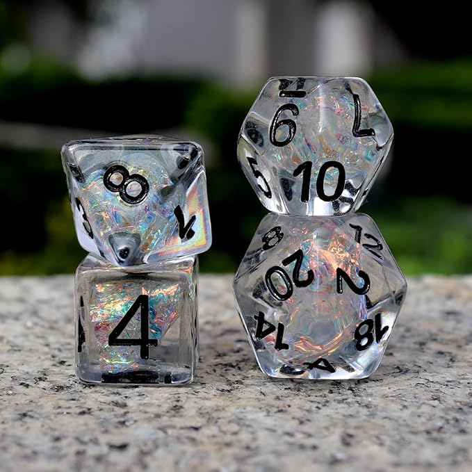 Haxtec Clear DND Dice Set 7PCS Filled Resin Polyhedral D&D Dice W/Iridescent Rainbow Mylar Inclusion for Roleplaying Games Dungeons and Dragons Gift