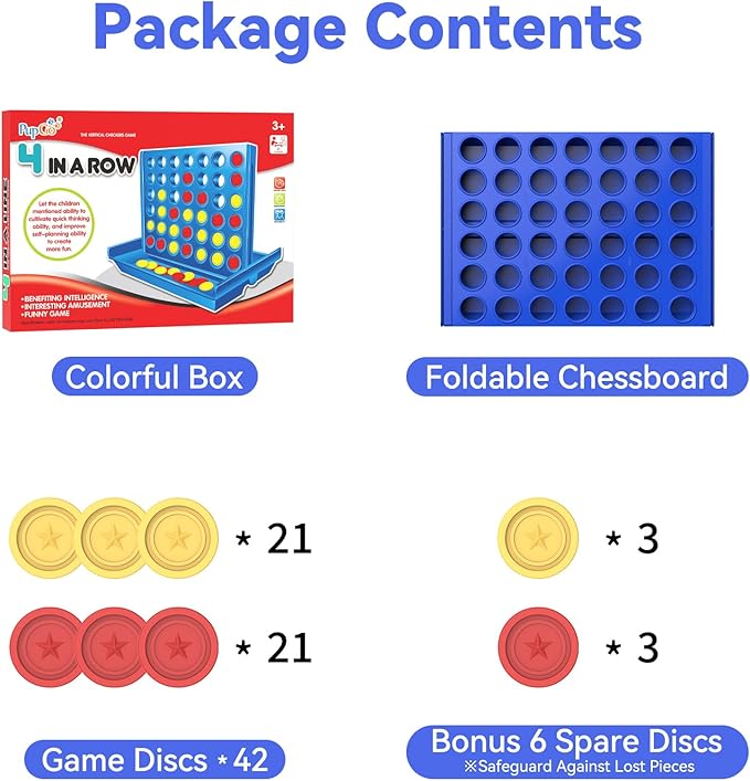 Pup Go 4 in a Row Game - 6 Spare Discs Included, Classic Board Game for Kids, Classic Four in a Row, Family Fun Games for Age 3 4 5 6 7 Year Old Boys Girls Adults, Line Up 4 (Standard)