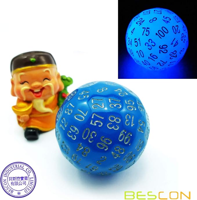 Bescon Glowing Polyhedral 100 Sided Dice - Acid Blue, Luminous D100, Glow in Dark Gaming Cube