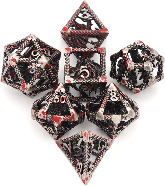 D&D Dice, Dungeons and Dragons Dice HNCCESG Metal Dice Set Polyhedral Hollow Role Playing for RPG MTG Table Board Games (Dragon Silver Blood Spot)