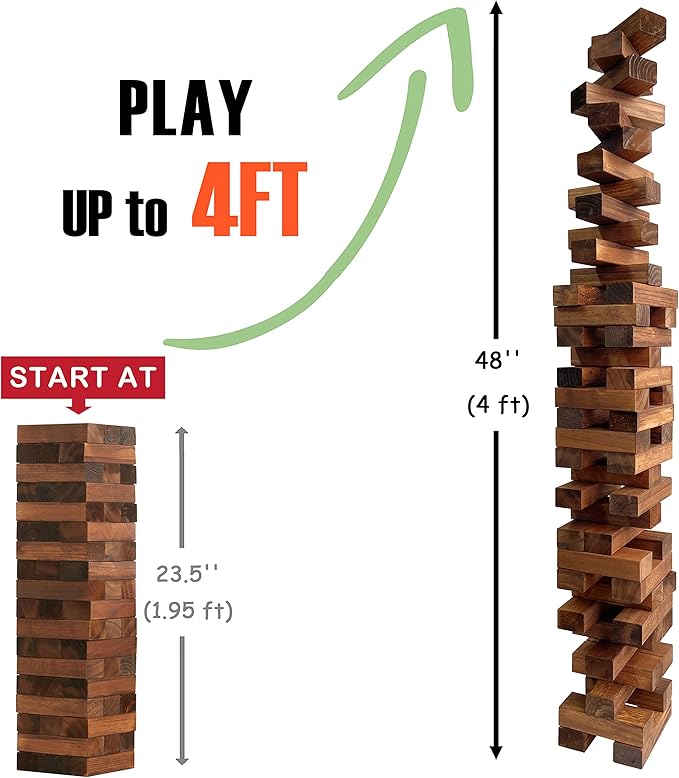 Large Tower Life Size Game Outdoor Games Wooden Stacking Games includes Scoresheet and Bag 54 Blocks