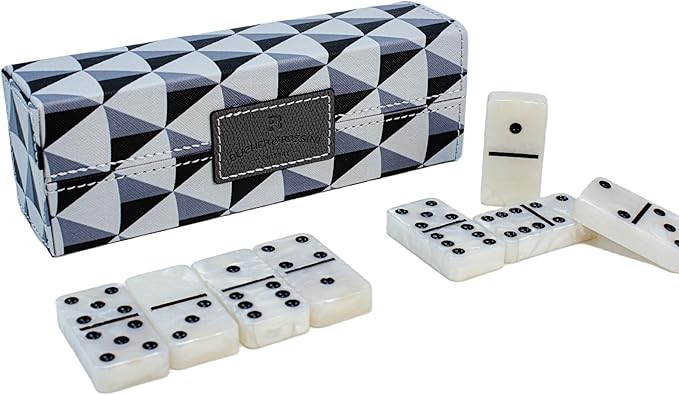 Dominos Set for Adults, Double 6 Domino Set, 28 Jumbo Marbleized White Tiles, Dominoes Set for Adults and Kids - Classic Board Games for Family & Travel (in Rhomb Pattern Leather Case)