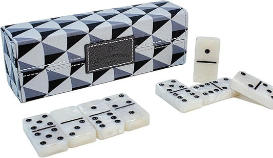 Dominos Set for Adults, Double 6 Domino Set, 28 Jumbo Marbleized White Tiles, Dominoes Set for Adults and Kids - Classic Board Games for Family & Travel (in Rhomb Pattern Leather Case)