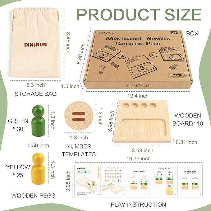 DINORUN Educational Toys for 3 4 5 Year Old Boy Girls Gifts - Preschool Learning Math and Numbers for Toddler 3+ - Math Manipulatives for Kids 3-6 - Montessori Wooden Counting Peg Board Materials