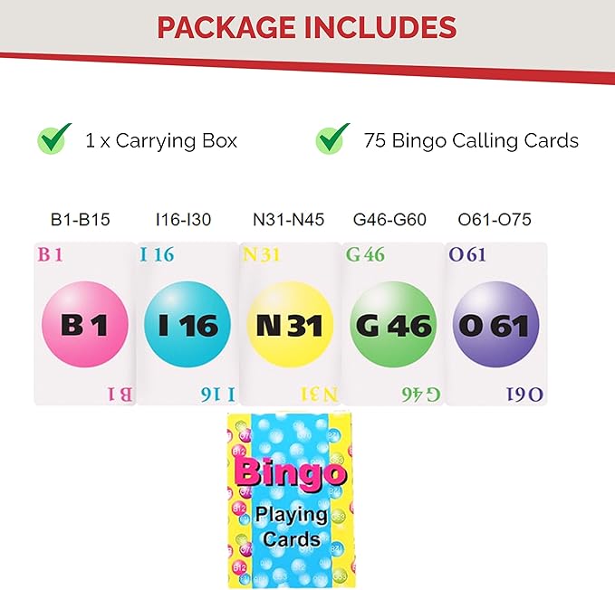 MR CHIPS Professional Plastic Coated Bingo Cards - Deck of 75 Playing Calling Colorful Reusable for Games on The go!