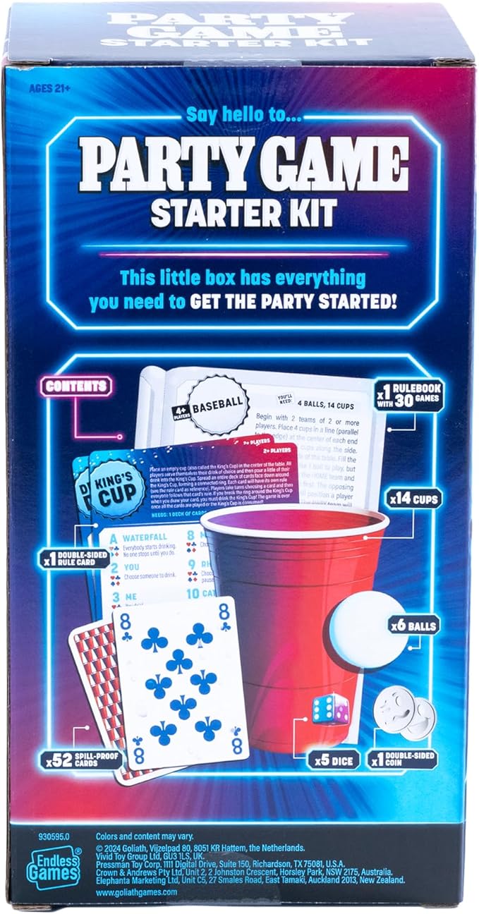 Goliath Endless Games Party Game Starter Kit – 30 Fun Drinking Games & Supplies for Adults | 2+ Players | Includes Cups, Dice, and Cards | Ages 21+