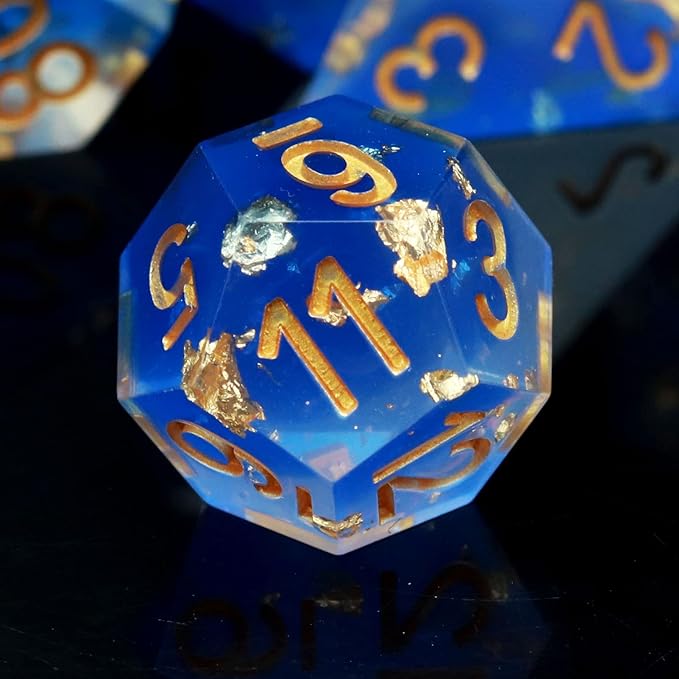 Haxtec Blue D&D Dice Set - Sharp Edge Resin Dice with Gold Flakes, Case for RPG Role Playing Games, Dungeons and Dragons Gift
