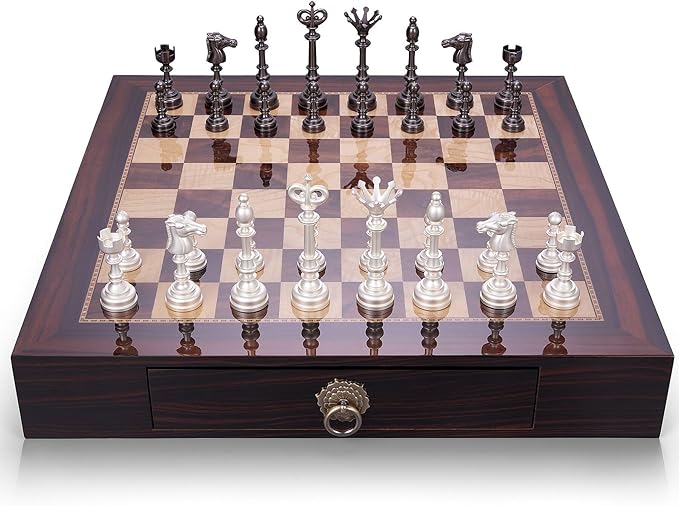 AMEROUS 20 Inches Wooden Chess Set with Metal Chess Pieces- 4.5'' King - 2 Built-in Storage Drawers - Gift Packaging,Tournament Chess Board Games for Adults and Kids