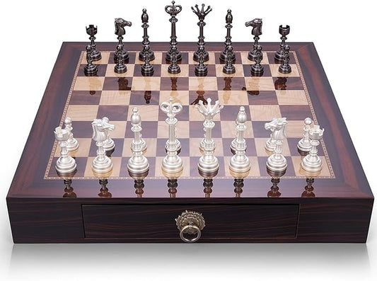 AMEROUS 20 Inches Wooden Chess Set with Metal Chess Pieces- 4.5'' King - 2 Built-in Storage Drawers - Gift Packaging,Tournament Chess Board Games for Adults and Kids