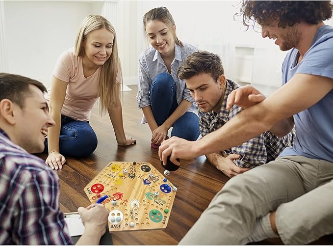 Original Marble Game Wahoo Board Game 24-Inch Double Side Painted Wooden Fast Track Board Game for 6 Player and 4 Player, 6 Colors 36 Glass Marbles 8 Dice for Family Game Night, Friends Party
