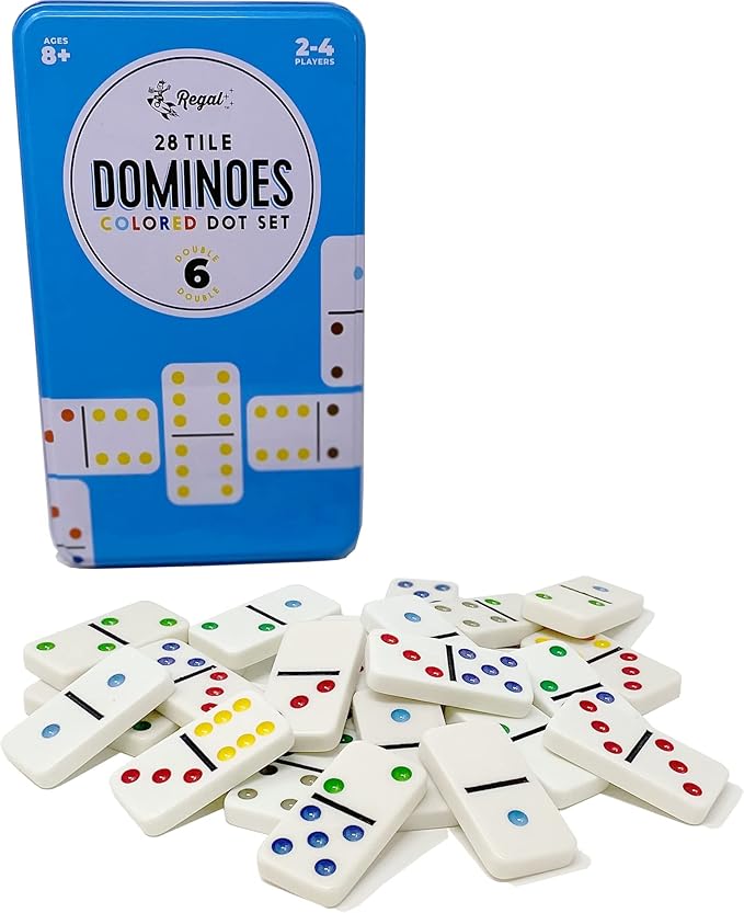 Regal Games Double 6 Dominoes Set for Adults & Kids - Classic Domino Game with 28 Tiles Colored Dots - 2 or 4 Player Games & Ideal for Family Fun Game Night and Travel (Ages 8+)