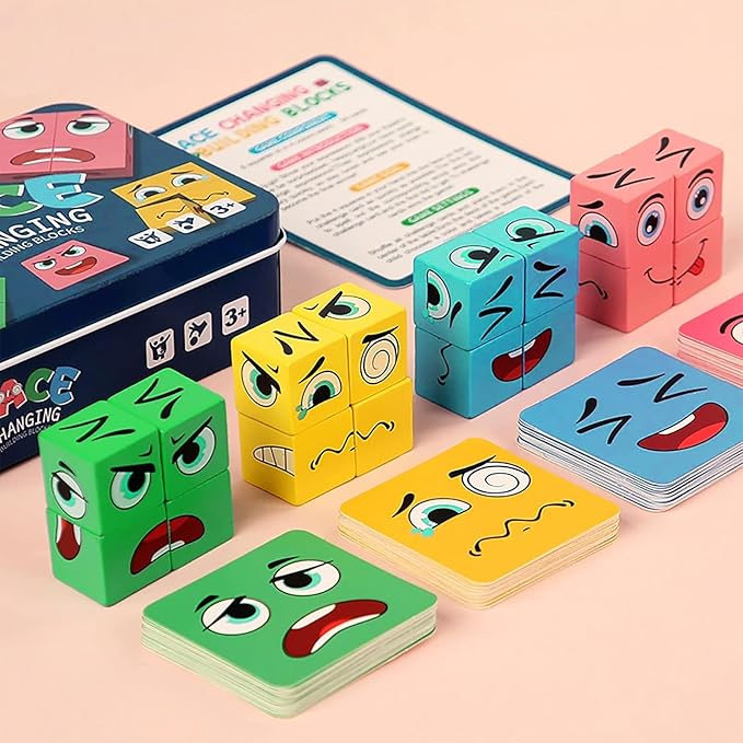Wooden Face Changing Magic Cube Game, Montessori Puzzle Game for Kids Educational Face Changing Cubes