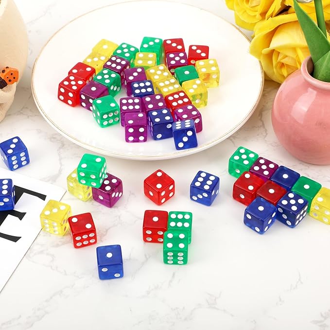 50pcs 16mm Game Dice, D6 Six Sided Dice Set Colored Casino Dice Translucent Acrylic Dados for Yahtzee,Tenzi, Farkle, Bunco, DND, MTG, RPG,Table Board Game or Teaching Math