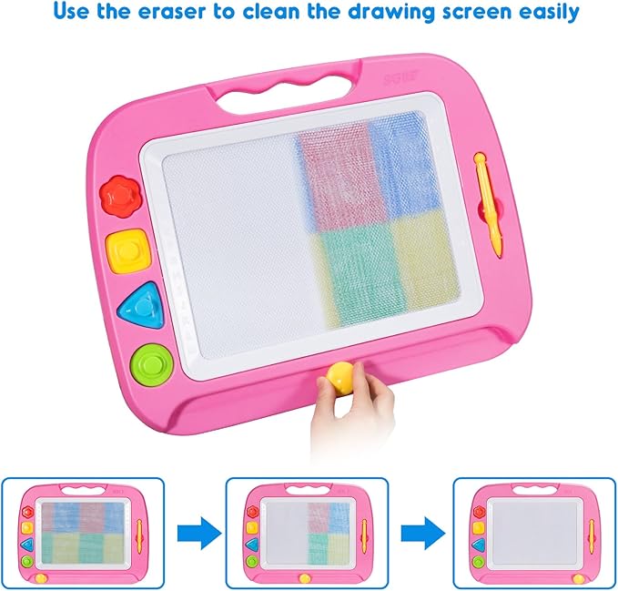 SGILE Large Magnetic Drawing Board - 4 Colors 16×13in Writing Painting Doodle Pad with 4 Stamps for Toddlers, Learning Educational Toy Etch Sketch Gift for 36+ Month Kids Girls Boys, Pink
