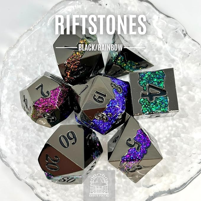 Sage's Portal Metal Riftstone DND Dice 7-PC Polyhedral Dice Set for DND TTRPG Dungeons and Dragons Pathfinder Oversized Designer Dice (Gloss Black/Rainbow)