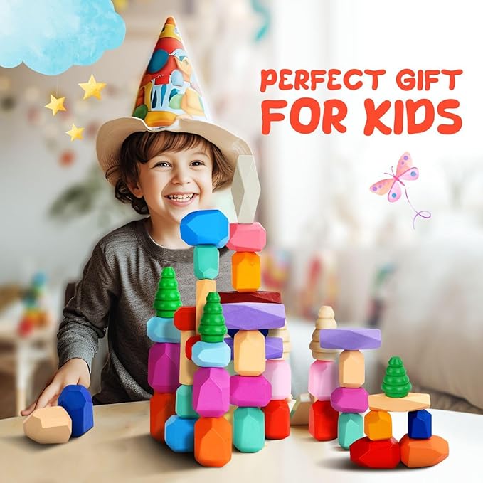 40 Pcs Wooden Stacking Rocks & Sensory Learning Toys for Ages 3-9 | Develops Motor Skills & Creativity for Girl or Boy - Stacking Blocks for Birthday Gift