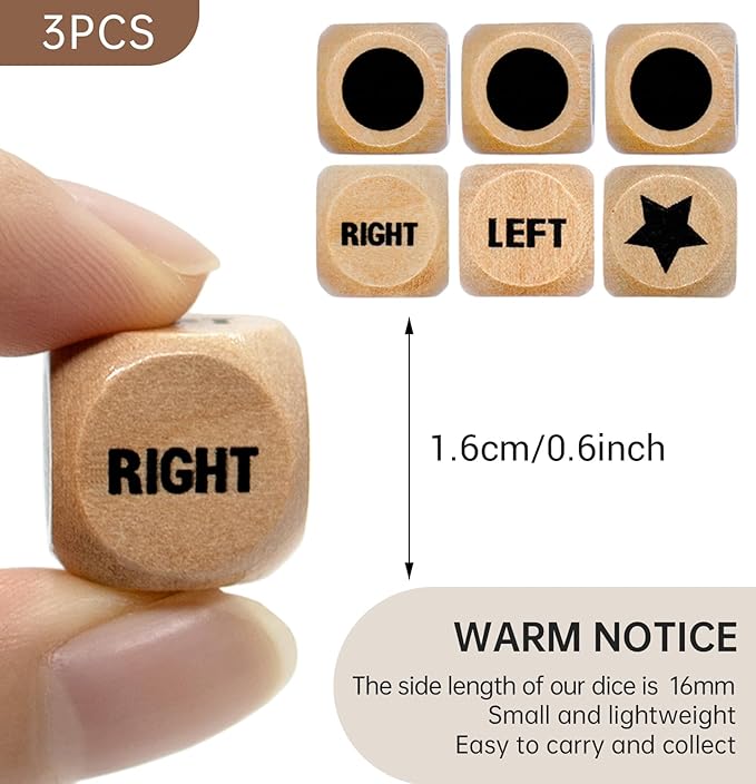 Left Right Center Game Dice 16mm Wooden Dice with Drawstring Bag,Standard Size 6 Sided for Left Right Center Game Dice Accessorie,Easy to Store and Carry (Upgraded 3 Pcs dice)
