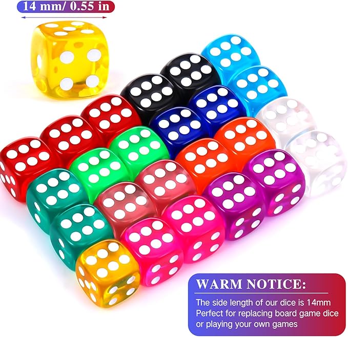 TecUnite 25 Pieces Colored Dice 6 Sided Dice Set, 6 Sided Standard Dices with Black Drawstring Storage Bag for Board Games, Parties, Math Learning, Classroom(Rainbow Color,6 Sides)