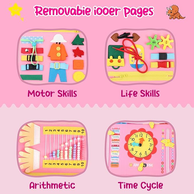 Busy Board for Toddlers 1-4, Montessori Toys for Kids, Pink 8 Pages
