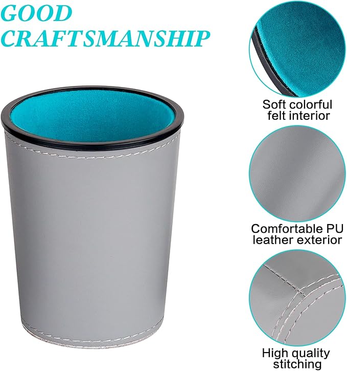 Felt-Lined PU Leather Dice Cup Set, 6 Quiet Dice Shaker Cups with 36 Dices for Bar Party Yahtzee Farkle Dice Games, Grey and Blue