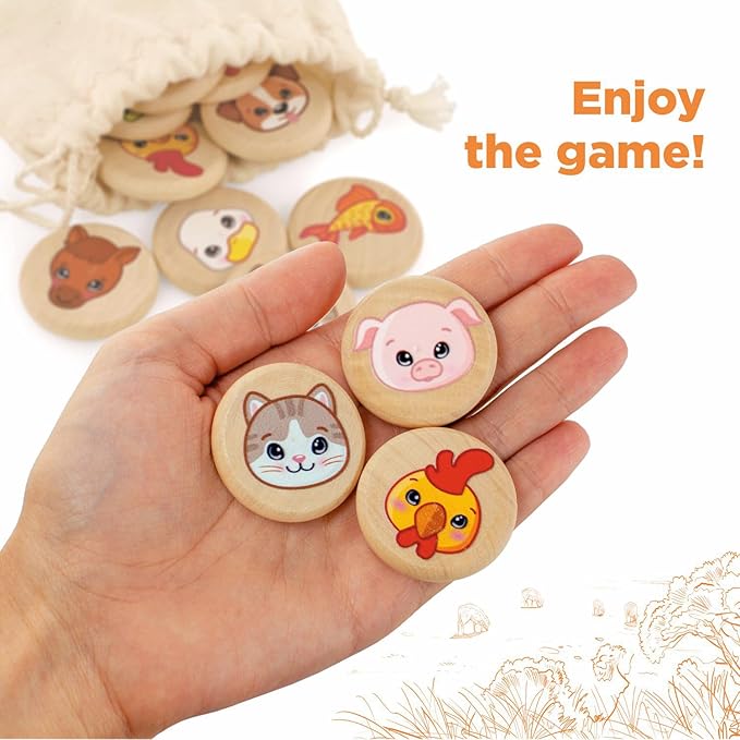 Ulanik Domestic Animals Matching Memory Game for Toddlers Age 3 + Year Old Preschool Wooden Board Games for Kids 4-8 Learning & Education Toys — 30 Chips, 1.57 in