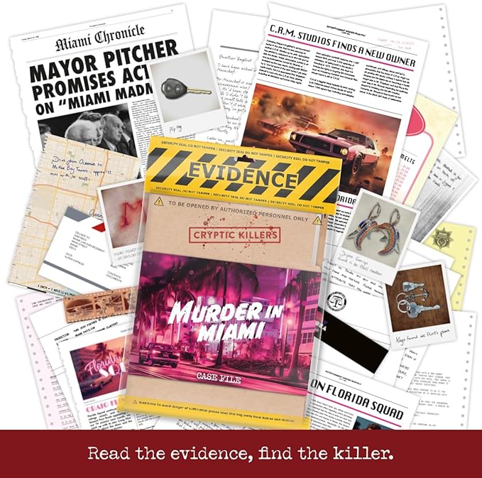 Unsolved murder mystery game - Cold Case Files Investigation - CRYPTIC KILLERS - Detective clues/evidence - Solve the crime - For individuals, date nights & party groups - "Murder in Miami"