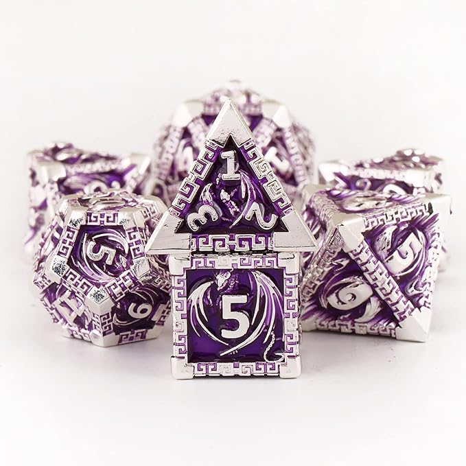 DND Dice Metal Dragon Set,Unique Dragon Design Dice with Gift Dice Bag for Dungeons & Dragon Games,Magic The Gathering,D and D D&D Dice Set (Silver Purple)