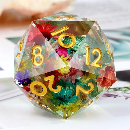 33mm D20 Dice, DNDND Handmade Flower Sharp Edge Resin Dice for Dungeons and Dragons Table Games with Gift Case (Flower)