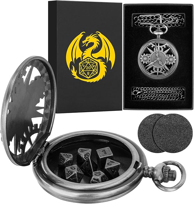 Mini DND Dice Set with Steampunk Hollow Pocket Watch Shell Case, 7pcs Polyhedral Metal D&D Dice Set, DND Gifts with Gift Box, Role Playing Board Games Accessories, Dark Silver