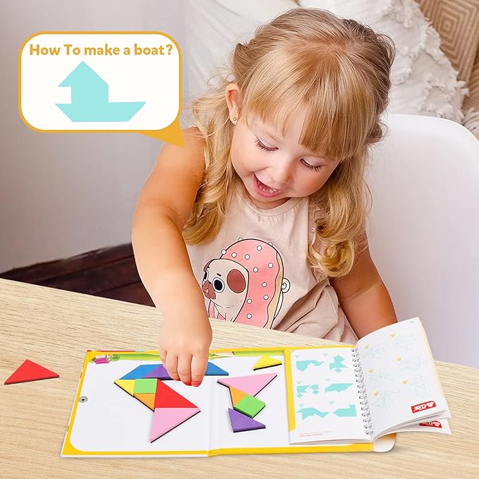 Travel Tangram Puzzle,Magnetic Puzzle Book Game Road Trip Game Jigsaw Shapes Dissection STEM Games with Solution IQ Educational Toy for Kid Adult Challenge Brain Teasers 240 Patterns(2Pcs Tangrams)