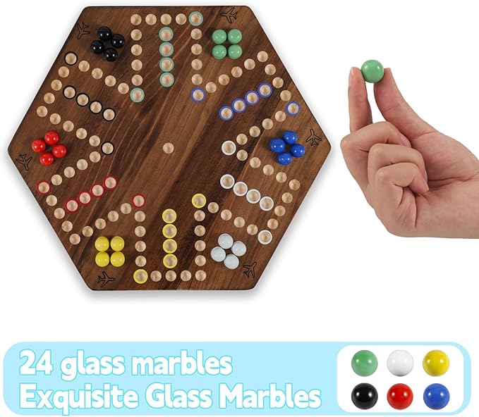15 inches Wooden Fast Track Board Game Original Wahoo Board Game for 6 and 4 Players with Marbles and Dices Burnt Color Board Marble Game(Small)