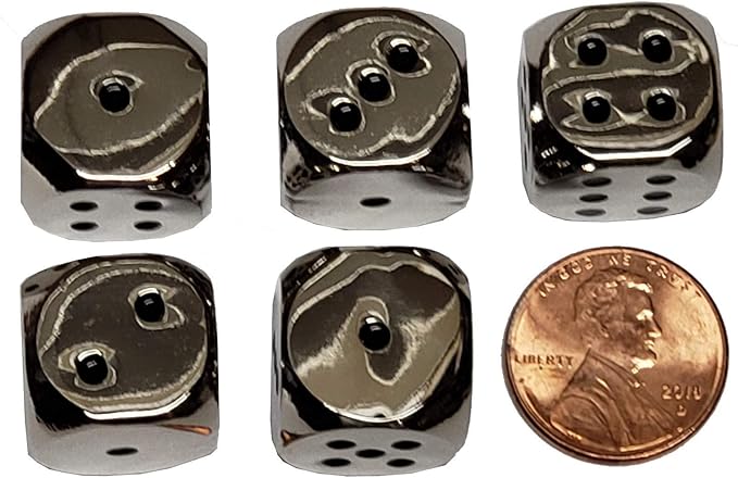 Cyber Deals Set of 5 Solid Zinc Alloy Metal Polished Finish 16mm Dice, Rounded Corners with Black Velvet Cloth Pouch Silver with Black Dots