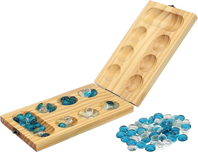 Wooden Mancala Board Game Set - Portable and Educational Two-Player Strategy Game for Family Fun and Relaxation