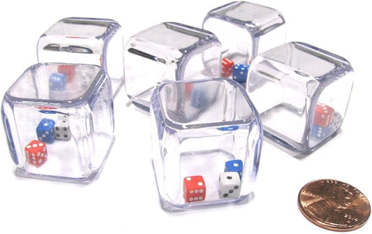 Set of 6 '3 In a Cube' Dice - 5mm Red White and Blue Tiny Dice Inside 25mm Cube by Koplow Games