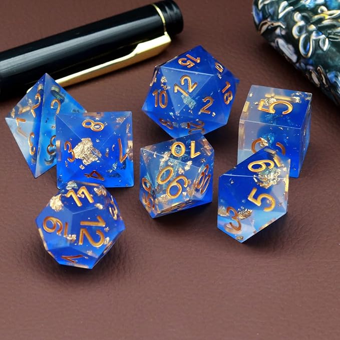 Haxtec Blue D&D Dice Set - Sharp Edge Resin Dice with Gold Flakes, Case for RPG Role Playing Games, Dungeons and Dragons Gift