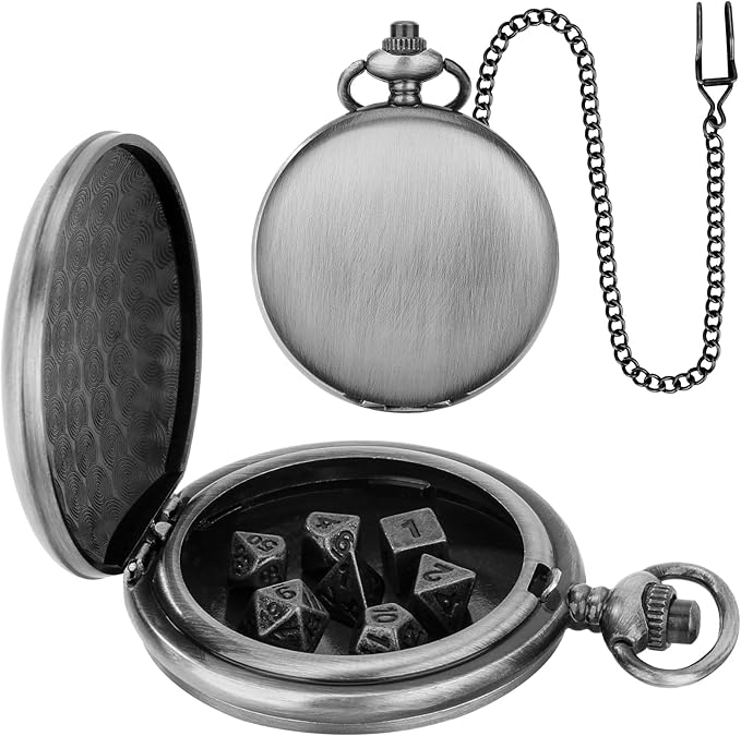 Mini DND Dice Set with Smooth Pocket Watch Shell Case, 7pcs Polyhedral Metal D&D Dice Accessories, DND Gifts with Box for Player, Role Playing Board Games Accessories, DND Gifts, Dark Silver