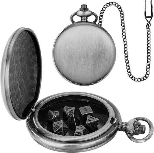 Mini DND Dice Set with Smooth Pocket Watch Shell Case, 7pcs Polyhedral Metal D&D Dice Accessories, DND Gifts with Box for Player, Role Playing Board Games Accessories, DND Gifts, Dark Silver