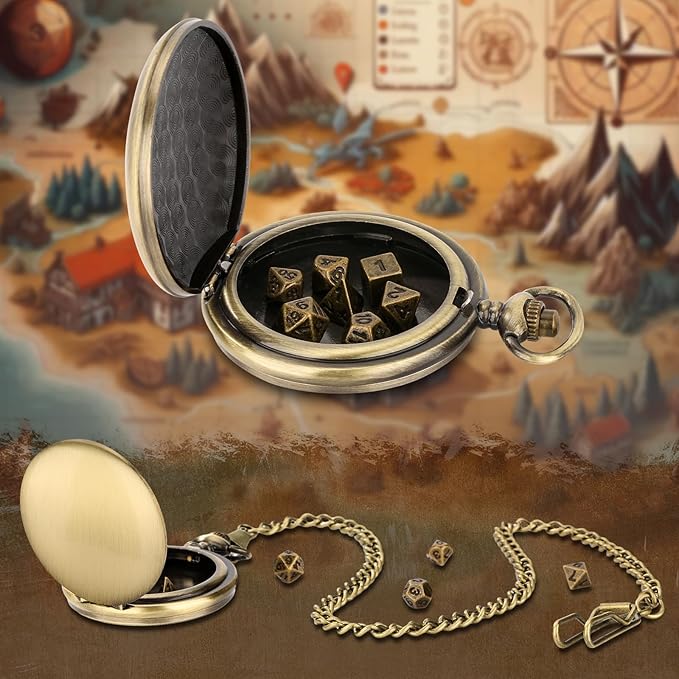 Mini DND Dice Set with Smooth Pocket Watch Shell Case, 7pcs Polyhedral Metal D&D Dice Set, D&D Gifts with Gift Box, Role Playing Board Games DND Accessories