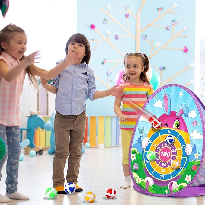 Blosssound 2 in 1 Easter Games for Kids Bunny Cornhole Board and Dart Board with 8 Sticky Balls 8 Bean Bags 4 Stakes Easter Bean Bag Toss Game for Toddlers Kids Family Outdoor Indoor Activities