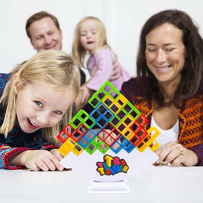 Tetra Stack Tower Attack Game - 64 Pcs with Storage Box Team Tower Game for Kids & Adults, Family Party Game Board Games Balance Stacking Toys for 2-6 Players