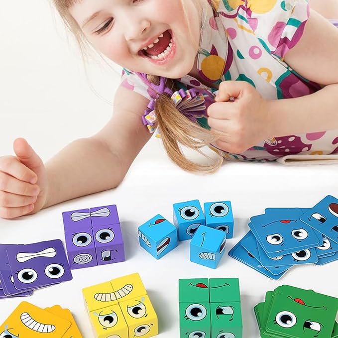 Wooden Face Changing Magic Cube Game, Montessori Puzzle Game for Kids Educational Face Changing Cubes